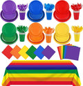 Kochorie 169 Pieces Rainbow Party Supplies Disposable Dinnerware Set Include Plates and Cups Napkins Plastic Forks Knives Spoons Tablecloth for Wedding Birthday Party Decorations, Serve 24 Guests