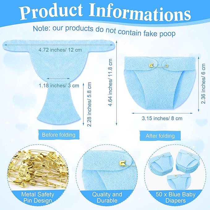 Roowest 51 Pcs Dirty Diaper Baby Shower Games Funny Wooden Sign with 50 Pcs Mini Diapers Cute Felt for Gender Reveal Party Baby Shower(Blue Elephant)