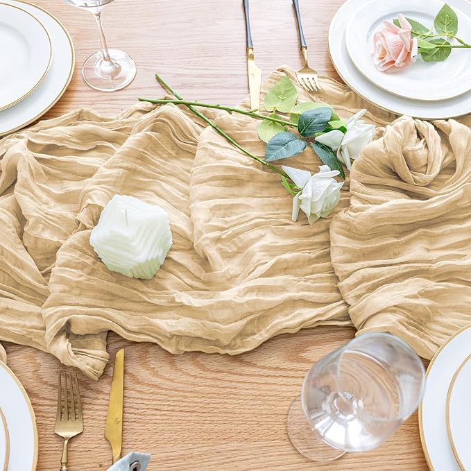 Wokceer Cheesecloth Table Runner 12Pack 10FT Sand Christmas Gauze Cheese Cloth Table Runner for Party Long Rustic Sheer Table Runners for Baby Bridal Shower Wedding Easter Decor