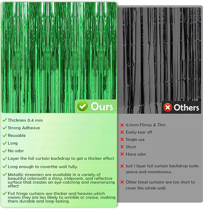 Green Tinsel Backdrop Curtains - 2 Pack Metallic Foil Fringe Streamers Photo Backdrop for Birthday Dinosaur Animal Football Golf Theme Party Decorations Wall Decor