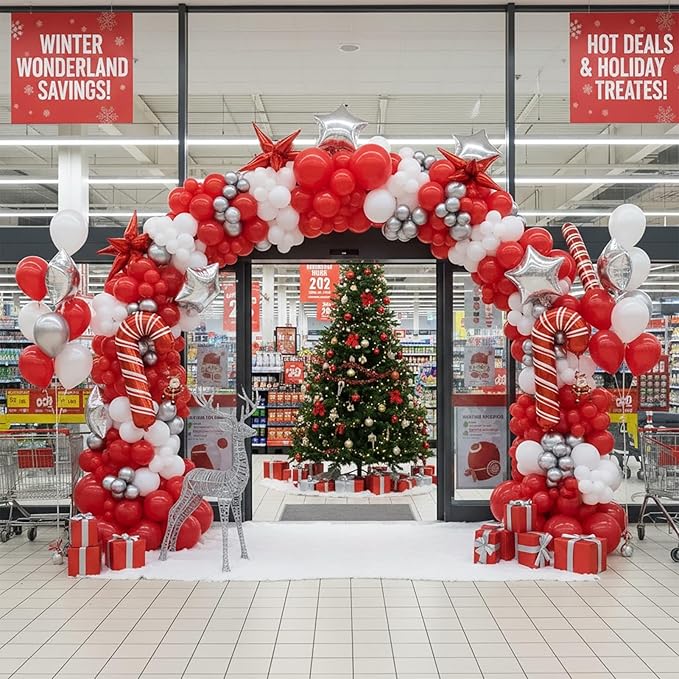 Christmas Party Decorations with Red White Silver Balloon Garland Arch Kit & small Star Candy Cane foil Balloons for 2026 Winter wonderland baby shower Xmas friendsmas new years eve Party Decorations