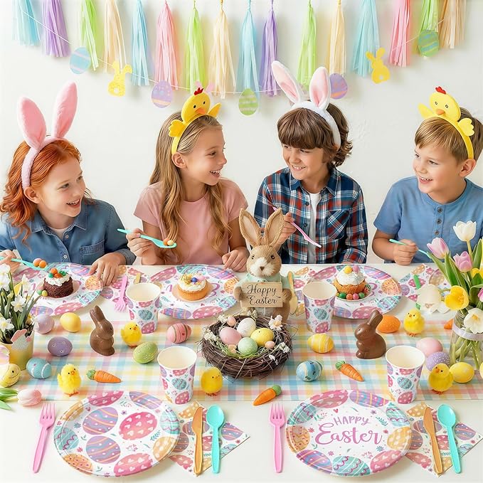 168PCS Easter Day Party Supplies Colorful Eggs Pattern Party Decorations Easter Dinnerware with Paper Plates Napkins Cups Forks for Spring Holiday Celebrations Picnic Favors Serves 24