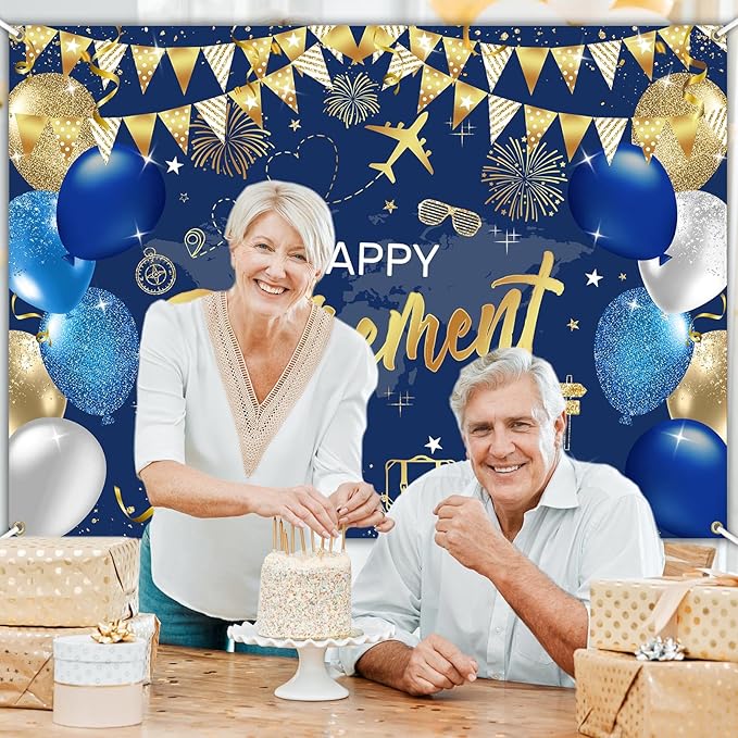 Mocsicka Retirement Party Decorations Blue and Gold Happy Retirement Backdrop Banner Retired Party Decorations Photo Booth Props (Blue Gold, 7x5ft)