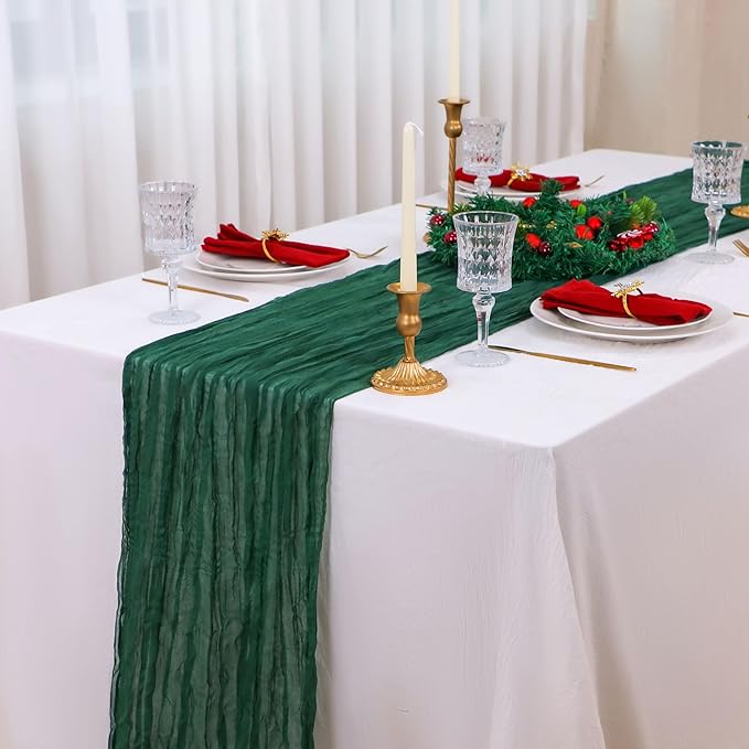 Snowkingdom 6 PCS Emerald Green Table Runner 120 Inch 10 Ft Rustic Boho Dark Green Cheese Cloth Runner for Wedding Bridal Baby Shower Birthday Party Christmas Sheer Gauze Home Table Centerpiece Deocr