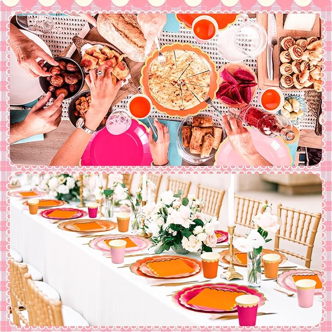 Mimorou 169 Pcs Pink and Orange Plates and Napkins Party Supplies for Guests Hot Pink Orange Tableware Include Scalloped Plates Paper Napkin Cup Spoon Fork Knife for Baby Shower, Wedding, Birthday