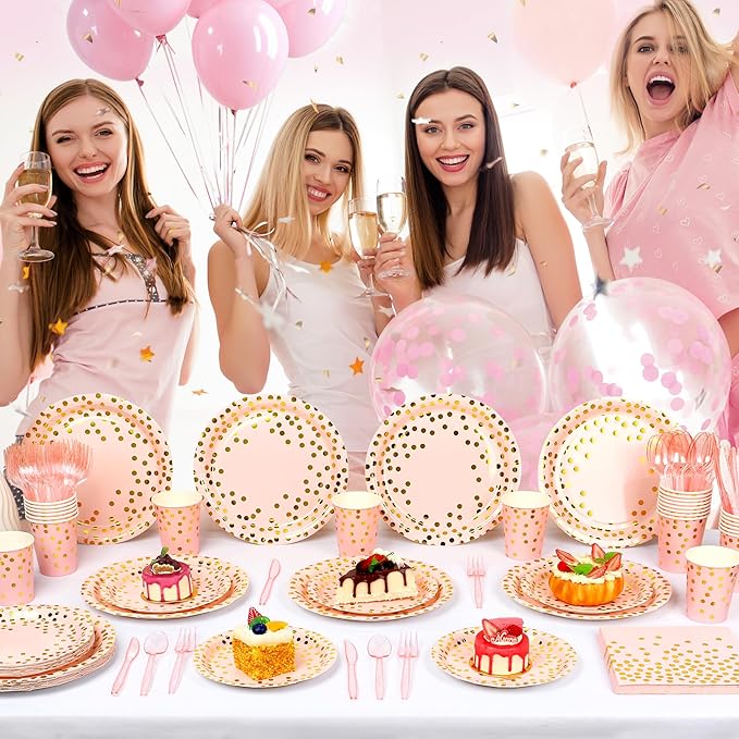 175 Pcs Pink and Gold Party Supplies, Serves 25 Pink Gold Foil Dot Disposable Dinner Tableware Set Gold Plastic Forks Spoons Knives Plates Napkins Cups Party Supplies for Birthday Wedding Graduation