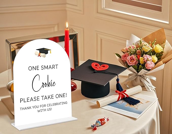 Graduation One Smart Cookie Sign, 6 x 8 Inch White Arch Acrylic Grad Party Sign with Holder, Graduation Cookie Sign, Grad Decor, High School College Party Supplies - DL05