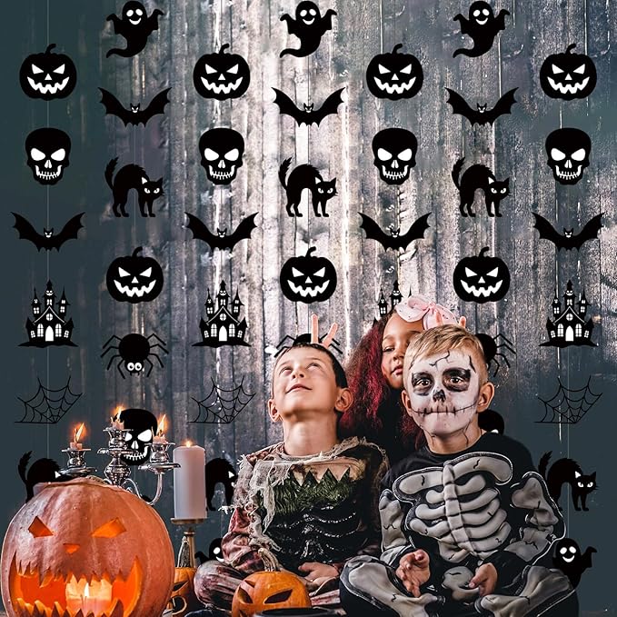 Xinnun 8 Pcs Halloween Party Decorations Garland Spooky Ghosts Skulls Pumpkin Hanging Banner Halloween Black Creepy Party Ceiling Garland for Outdoor Indoor Haunted House Horror Birthday Decor