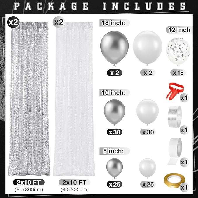 137 Pcs White Silver Party Backdrop Kits - 4 Sequin Backdrop Curtain 133 Balloon Garland Kit Photo Prop Background for Graduation Wedding Anniversary Wonderland Birthday Baby Shower