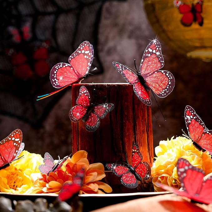 Waydress 24 Pieces Halloween Monarch Butterfly Decorations 3 Size Artificial Monarch Butterflies Wall Decor 3D Butterfly Wing Wall Art with Wire for Fall Wedding Home Bedroom Decorations(Red)