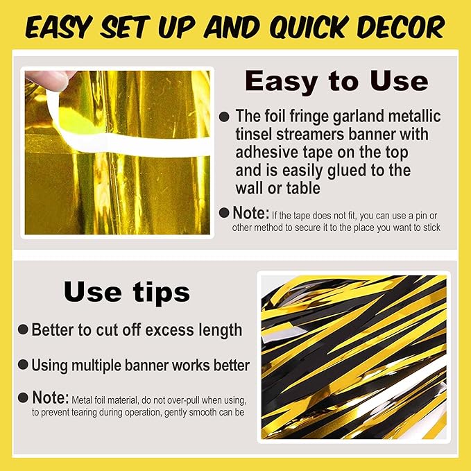 3 Pack 10 Ft Black and Gold Foil Fringe Garland Metallic Streamers Tinsel Banner Wall Hanging Garland Backdrop for Parade Floats, Halloween, Christmas, Thanksgiving, New Year Party Decorations