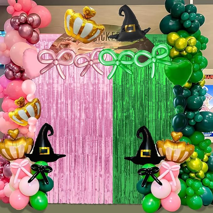 4 Pack 3.3Ft x 6.6Ft Pink and Green Foil Fringe Curtain Backdrop Decorations, Witch Metallic Tinsel Foil Streamers Curtain Photo Booth Background for Witch Wedding Birthday Party Decorations