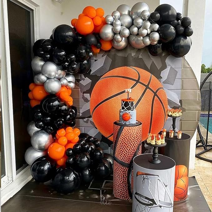 Basketball Balloon Arch Kit, 111pcs Orange and Black Silver Balloons Garland Kit with Explosion Star Balloons, Sports Balloon Kit for Boys Birthday Baby Shower Sports Theme Decorations Supplies