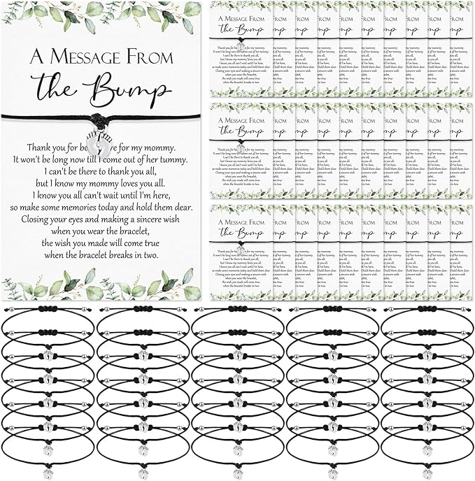 Thyle 50 Set Green Leaf Baby Shower Favors for Guests Adjustable Bracelets with Message from the Bump Card Footprints Charm Baby Shower Bracelets for Gender Reveal Thank You Gifts