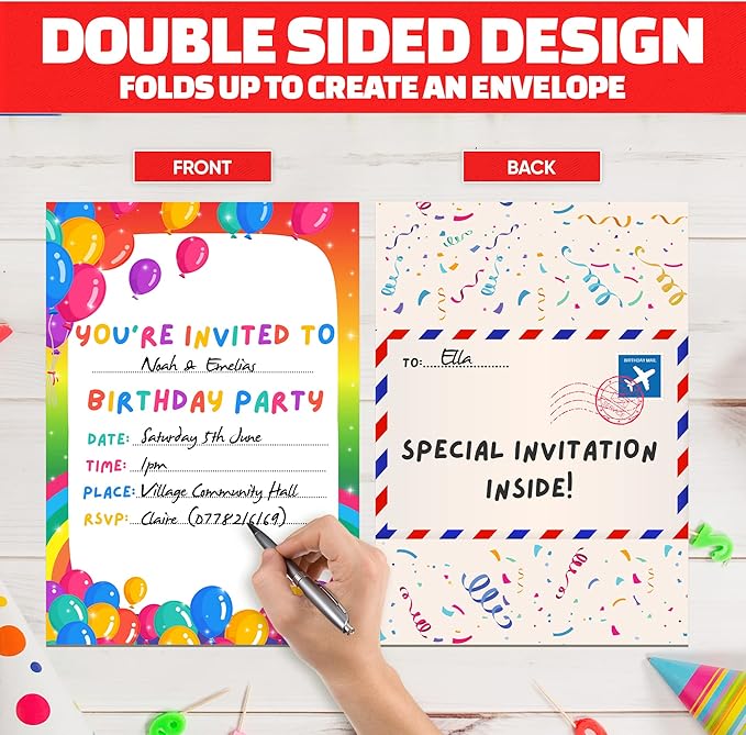 36 Kids Childrens Birthday Party Invitations with Folding Envelope Design and Holographic Stickers (Rainbow)