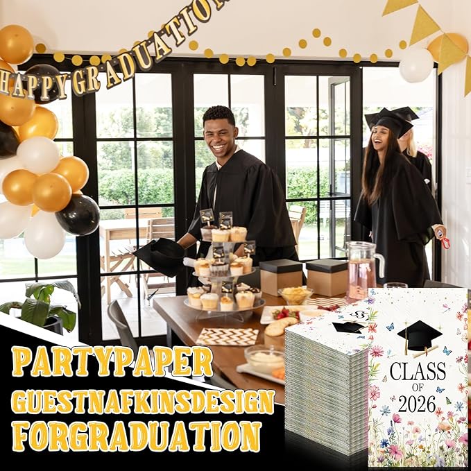 Eaasty 100 Pcs Wildflower Graduation Decorations Class of 2026 Napkins Floral Butterfly Disposable Decorative Cocktail Paper Napkins Graduation Party Supplies for 2026 Freshly Graduated Decorations