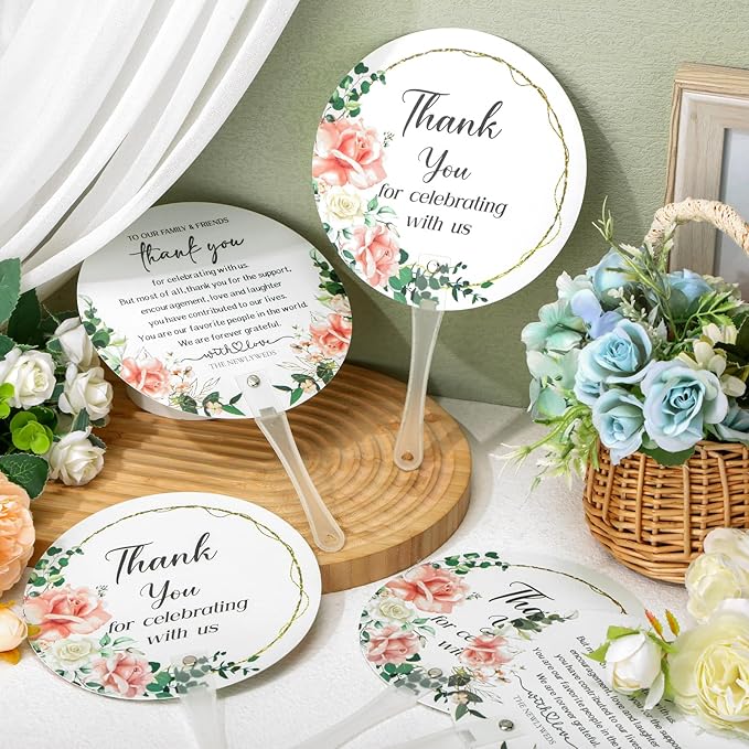 100 Pcs Wedding Hand Fans for Guests Bulk Decorative Plastic Handheld Wedding Favor Fans with Handle Thank You for Celebrating with Us for Ceremony Bridal Shower Party Decor(Flower)