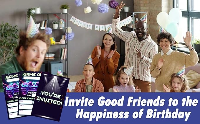 CLIRBE Games Birthday Party Invitations, Glow Neon Game On Birthday Invitations For Brother Bro Teen Boys Girls, 20 Invites Cards With 20 Envelopes, Party Supplies Favors -H11