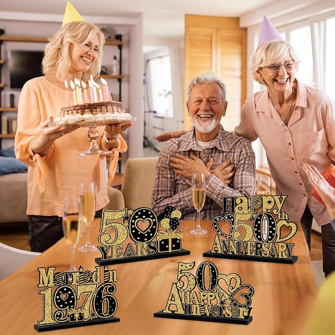 Eiurteao 4 Pieces 50th Anniversary Decorations Married in 1976 Wooden Table Sign, Black Gold Happy 50 Wedding Anniversary Table Centerpieces Party Supplies, Cheers to 50 Year Anniversary Table Decor