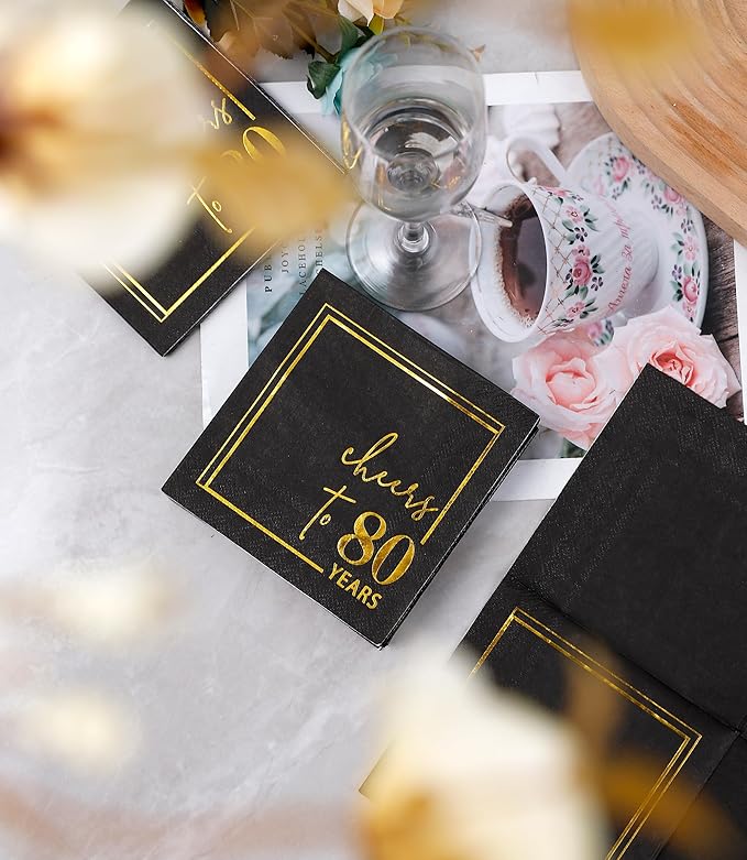 Cheers to Years Cocktail Napkins - 50 PK - 3-Ply Birthday Napkins 5x5 Inches Disposable Party Napkins Beverage Paper Napkins or Birthday Decorations Wedding Anniversary Black and Gold (80 Years)