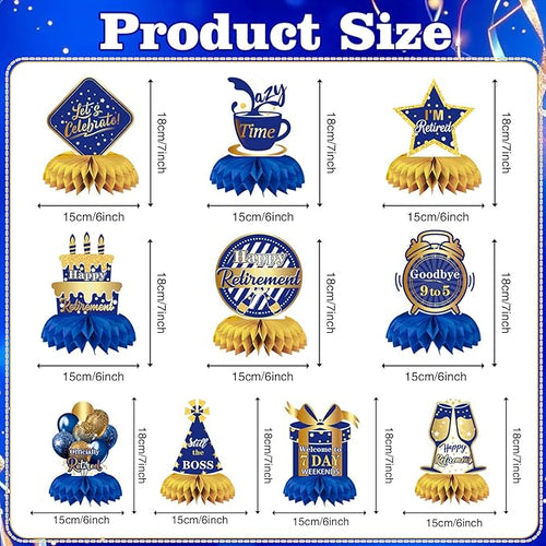 10 Pcs Retirement Party Decorations, Blue Gold Retirement Table Honeycomb Centerpieces Happy Retirement Table Topper for Men Women Happy Retirement Decorations for Party Supplies