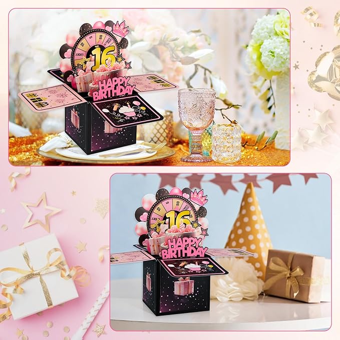 FaCraft Pop Up 16th Birthday Card - Handmade Happy Birthday Pop Up Greeting Cards Gift with Envelope and Blank Insert, Spinning Wheel Design, 16 Year Old Teens, Girls, Daughter