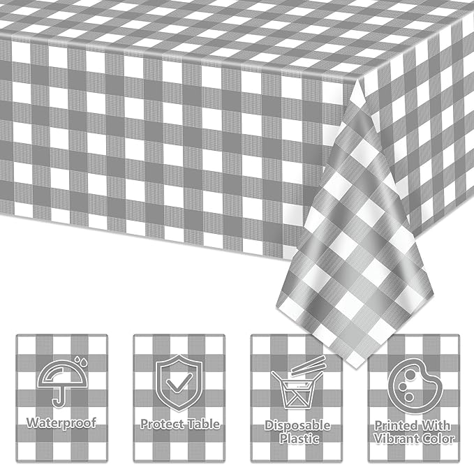 4 Pack Grey Gingham Tablecloths, Grey and White Checkered Tablecloths 86 x 51 Inches Gingham Tablecovers Rectangular Waterproof Picnic Table Covers for Birthday Party Supplies