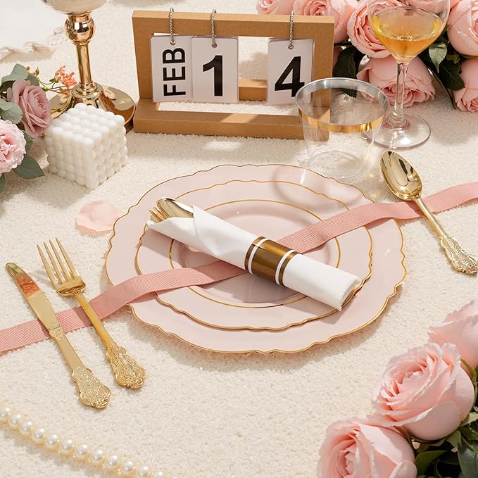 Liacere 350PCS Pink Plates Disposable-PinK Plates 50guest Baroque Plastic Dinnerware include 100Plates, 50Pack Pre Rolled Napkins with Silverware 50Cups Perfect for Wedding ＆ Easter Day