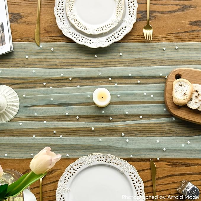 Artoid Mode 10PCS Pearl Grass Green Gauze Table Runner 120 Inch 10FT, Seasonal Sheer Dining Holiday Wedding Birthday Baby Shower Table Decor for Home Party