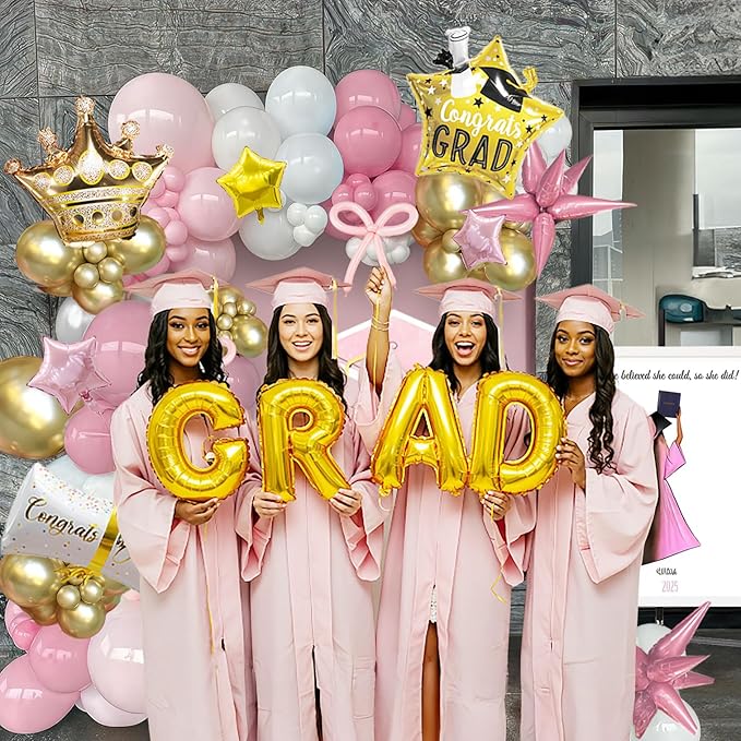 Pink White and Gold Balloon Garland Arch Kit 140Pcs with Pink and gold Stars Graduation Certificate Crown DIY bow for 2025 GRAD Prom coquette Decorations