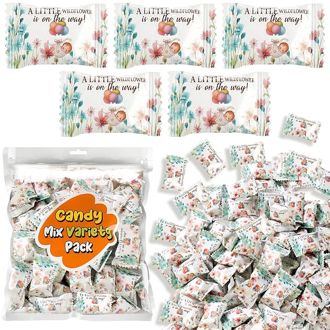 Naucoos Wildflower Baby Shower Candy - 26.5 oz. Bag - 150 Individually Wrapped Hard to Soft Mints Baby in Bloom Candy a Little Wildflower Is on The Way Party Favors