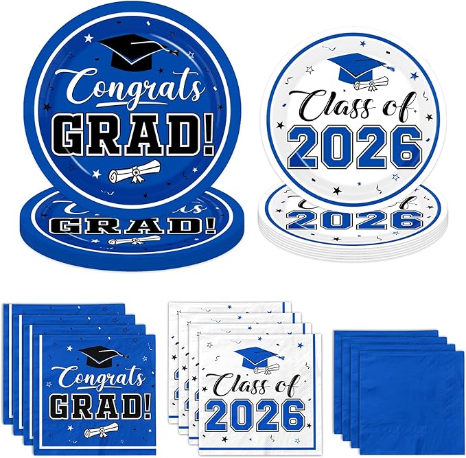 Graduation Party Plates and Napkins Blue Class of 2026 Grad Congrats Party Supplies Disposable Dessert Paper Plates Cocktail Napkins forGraduation Party Decorations,Serve 50