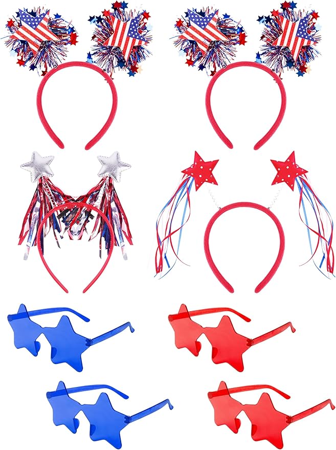 VEKDA 8 Pcs Patriotic Party Accessories, 4th of July Headband and Star Glasses for Independence Day and Memorial Day Veterans Day Supplies