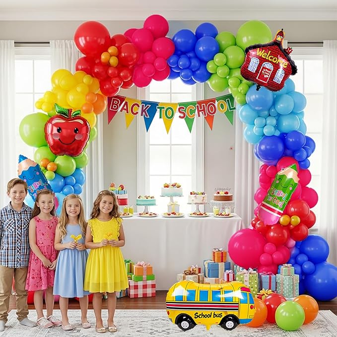 back to school balloons hot pink and red yellow green balloon garland arch kit 130+pcs with school bus classroom apple mylar balloon for back to school Birthday party decorations