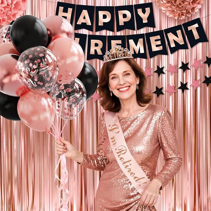 Retirement Party Decorations, 44Pcs Rose Gold Retirement Decorations for Women Include Happy Retirements Banner Retired Sash Crown Fringe Curtain & Foil Balloons for Women Retirements Decorations