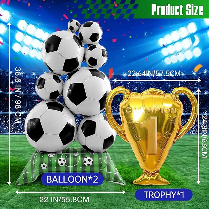 Soccer Balloons 3-Pack - Giant Self Soccer Ball Balloons with Trophy | Soccer Party Decorations for Sports Themed Birthday, World Cup Party Supplies for Boys Men