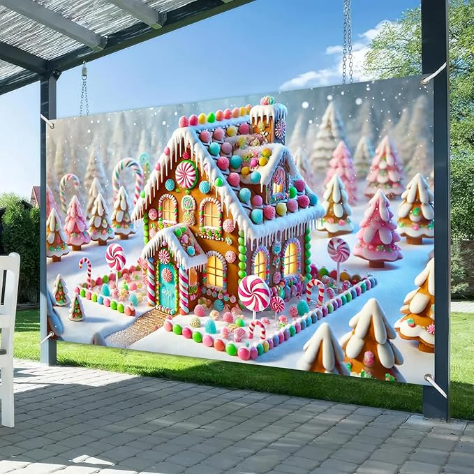 Christmas Gingerbread House Banner Candy Land Holiday Decor Colorful Sweet Winter Wonderland Backdrop for Party Wall Decoration Kids Home Photo Booth Display 71 X 43 Inches