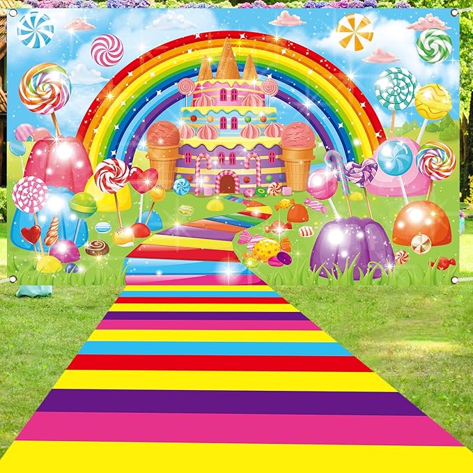 Candyland Party Decorations Colorful Polyester Carpet Runner Candyland Backdrop Sweet Candy Land Princess Road Banner for Outdoor Home Decor Candy Runway Rug Candy Land Themed Birthday Party Supplies