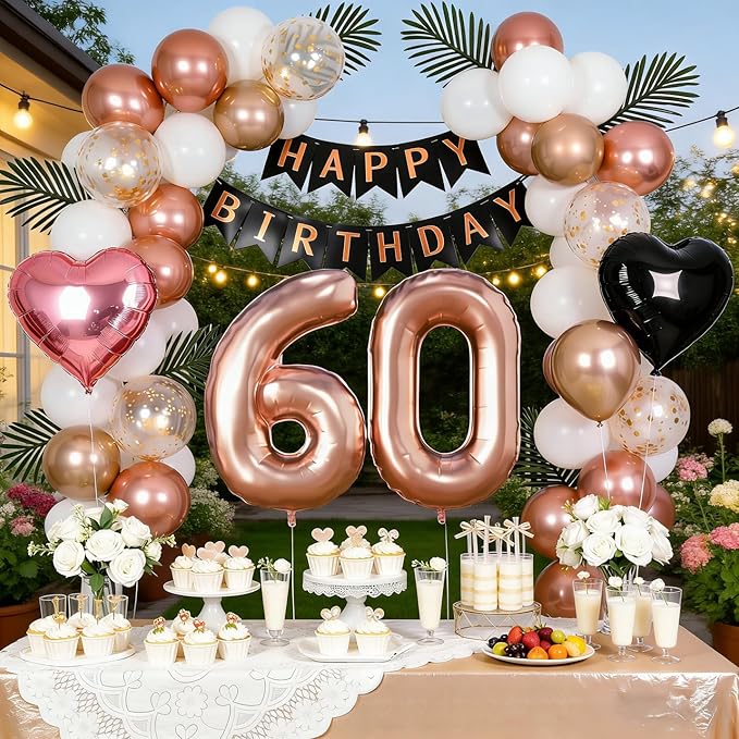 60th Birthday Decorations for Women - Rose Gold, Black and Hot Pink Party Supplies Set with Happy 60th Banner, Number 60 Balloons and Foil Fringe Curtains - 60 Year Old Celebration Kit