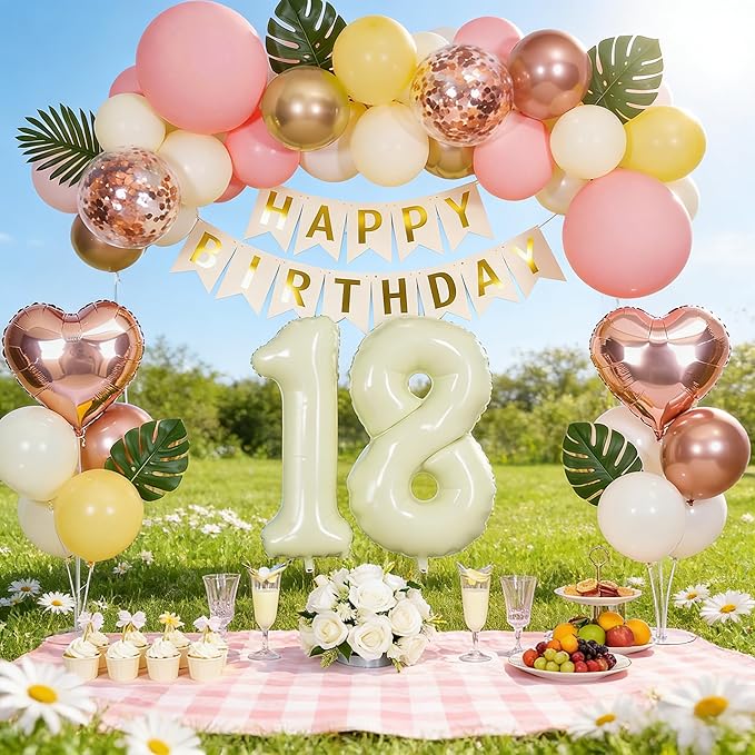 18th Birthday Decorations for Girl, Retro Sand White and Cream Balloon Garland Kit, Cream Number 18 Balloon, Pink Happy 18th Banner, 18 Year Old Party Supplies