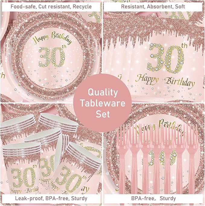121Pcs 30th Birthday Party Supplies Plates Napkins Cups Forks Tablecloth Rose Gold Happy 30th Birthday Themed Disposable Tableware Decorations Serves 24 Guests for Women Her 30 Years