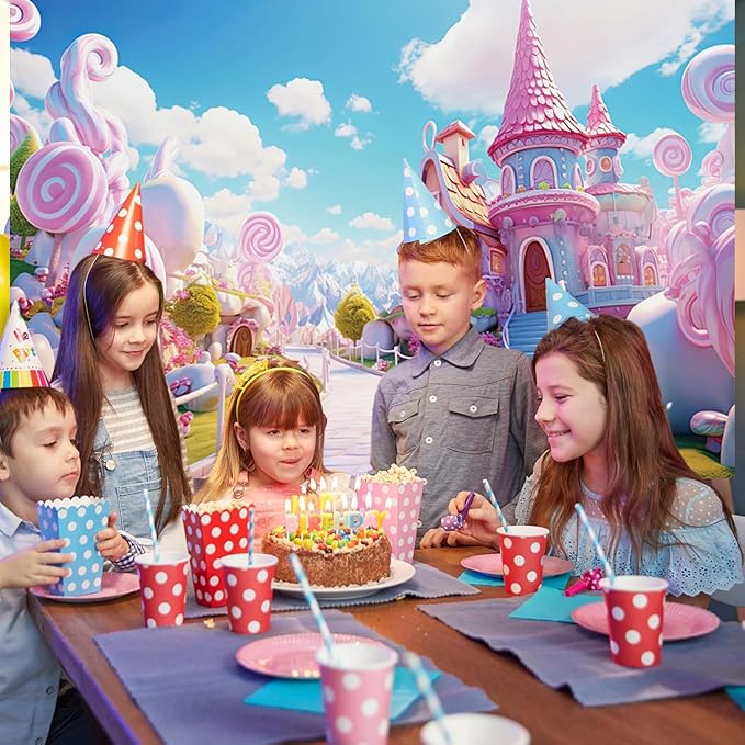 5x3ft Candyland Backdrop Pink Sweet Candy Castle Fairy Tale Photography Background for Girls Princess Birthday Baby Shower Party Decorations Kids Portraits Banner Photo Studio Props