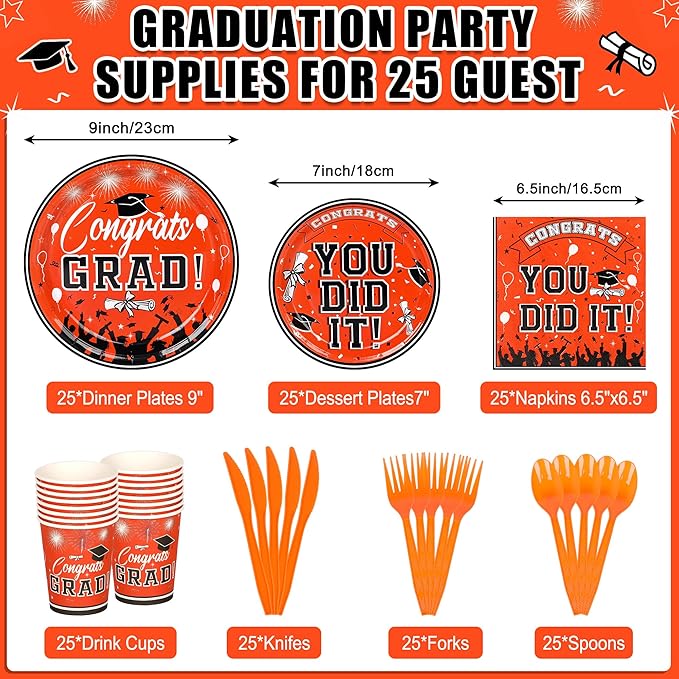 175PCS Graduation Plates and Napkins Set 2026 Graduation Party Supplies Tableware Set Include Paper Plate Napkin Cup Knife Fork Spoon for Grad Party Decor Serve25 (Orange and Black)