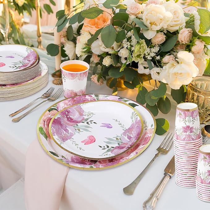 Pickmesh 250 Pcs Floral Party Disposable Tableware Set Paper Plates and Napkins Cups Supplies Tea Party Theme Dinner Dinnerware for Birthday Bridal Baby Shower wedding Decoration Serves 50