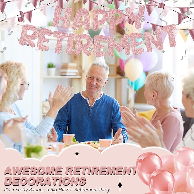 Fulmoon Pre Strung Happy Retirement Banner Glitter Retirement Sign Funny Official Retired Decor Party Decorations Supplies for Men Women Gifts (Rose Gold)