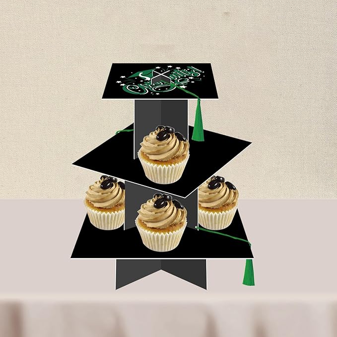 KALEFO Graduation Decorations 2026 Graduation Cap Cupcake Stand with Tassel Graduate Party Favors Table Decor Grad Party Supplies (Green)