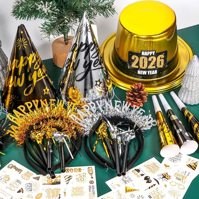 Atonofun 2026 New Years Eve Party Supplies for 24 Guests, 60 Pcs New Year Eve Party Hats and Horns, Headband, Tattoos, Blowouts 2026 New Year Party Favors