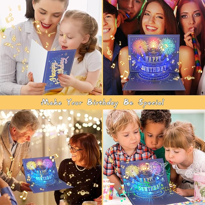 3D Pop Up Birthday Cards, Musical LED Lights Birthday Cards, Greeting Cards, Birthday Gifts for Mom Women Men Kids Child Dad Father Wife