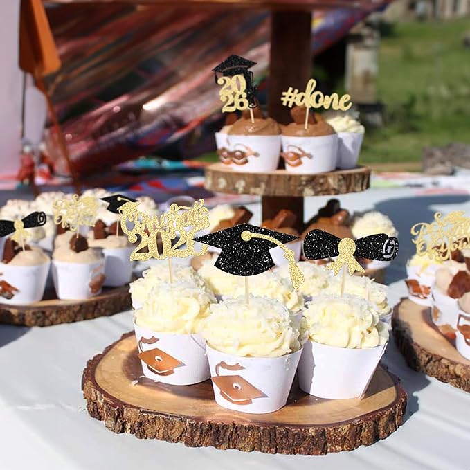 Gyufise 24Pcs Graduation Cupcake Toppers 2026 Gold Glitter Class of 2026 Cupcake Toppers Supplies So Proud of You Grad Cap Diploma Cupcake Picks for Graduation Party Decorations 2026