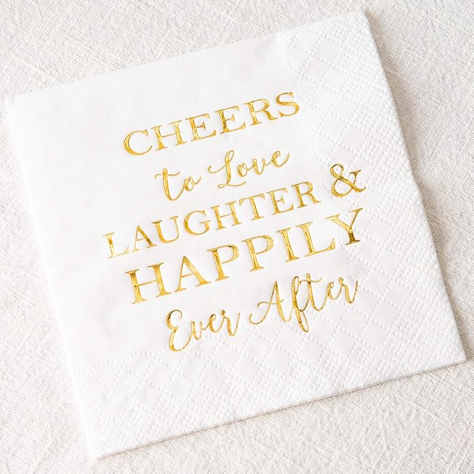 Crisky 3-Ply 50 Count Bridal Shower Napkins Disposable Cocktail Napkins Gold Foil Text Beverage Napkins for Engagement Party Decorations & Wedding Shower